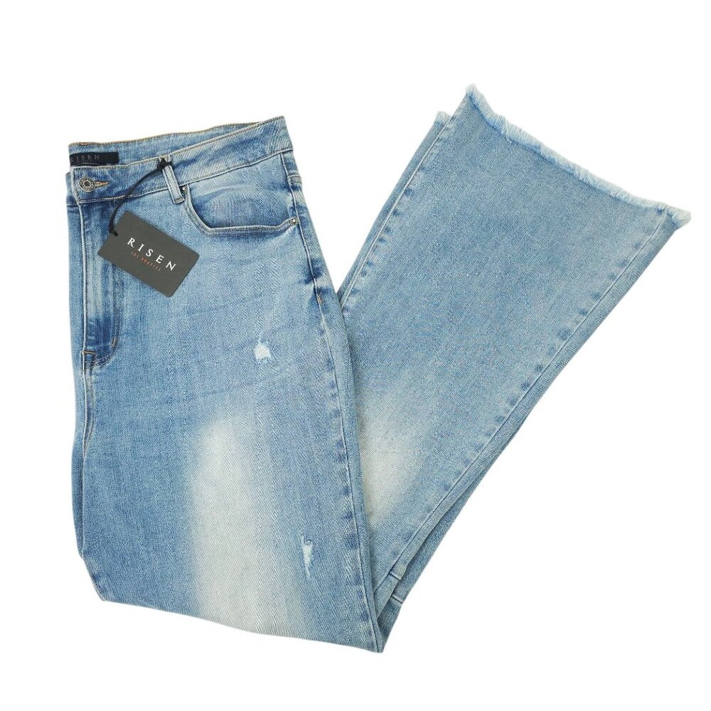 Risen Jeans Distressed Flare Leg Size 3XL High Rise Very Stretchy Light Wash NEW